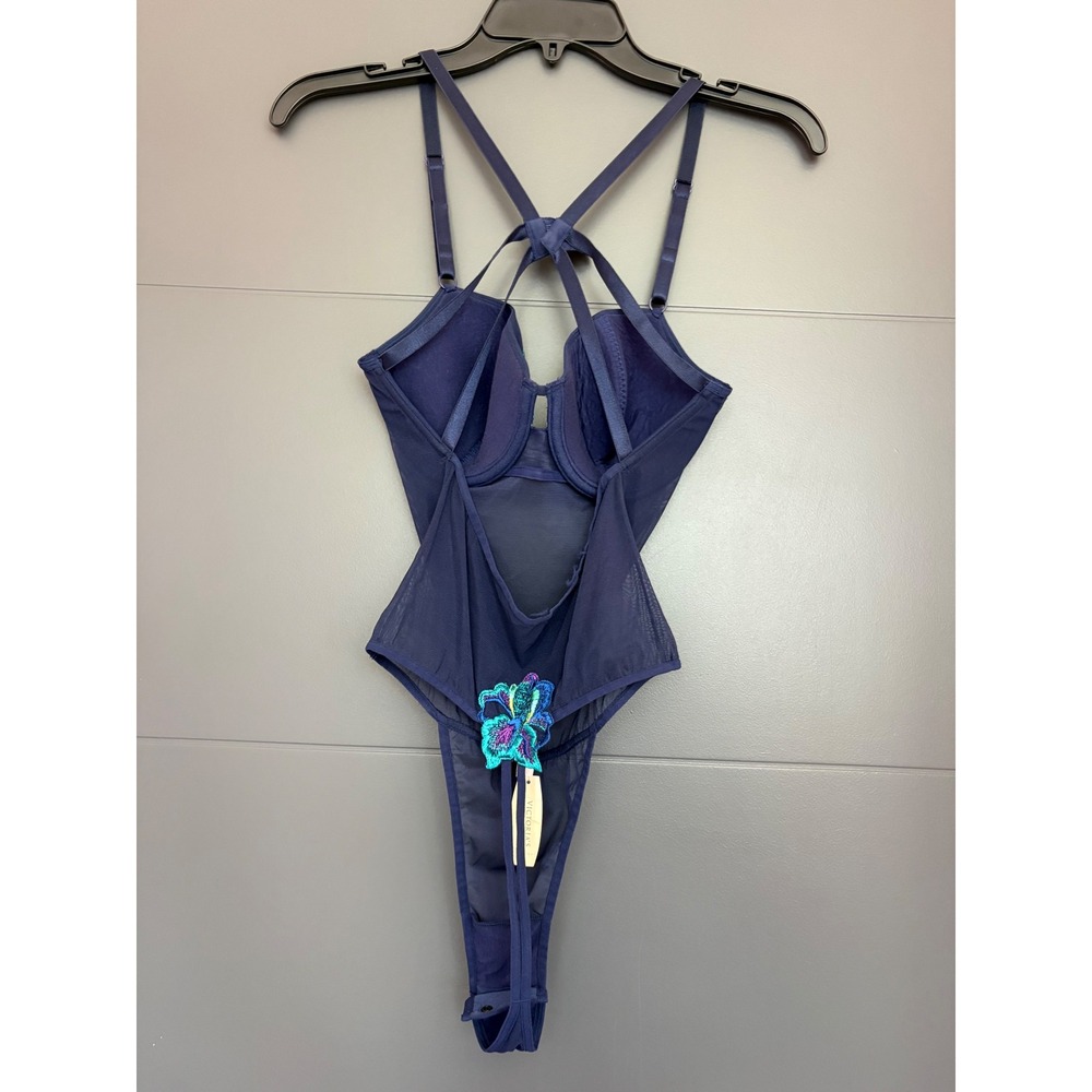 Victoria's Secret NEW floral  Embroidered Mesh Bodysuit Navy Blue 34C 0562 - Picture 2 of 9